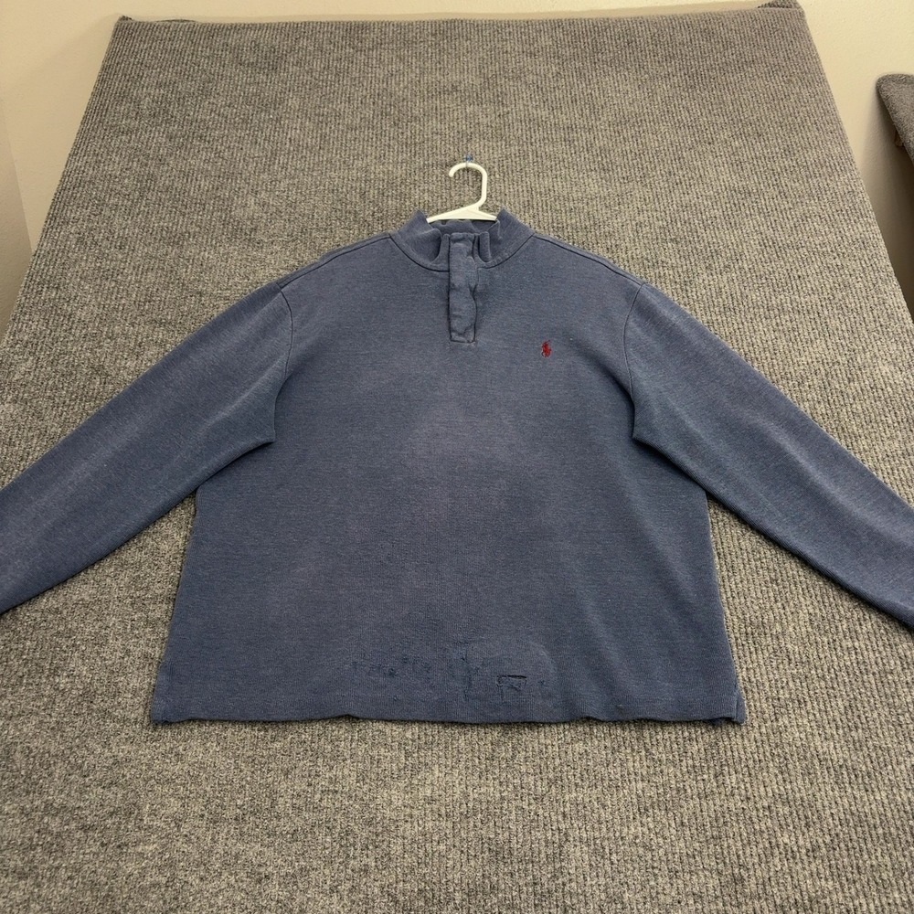 Polo Ralph Lauren Sweater Mens L Blue Cotton Mock Neck Quarter Zip Preppy Style